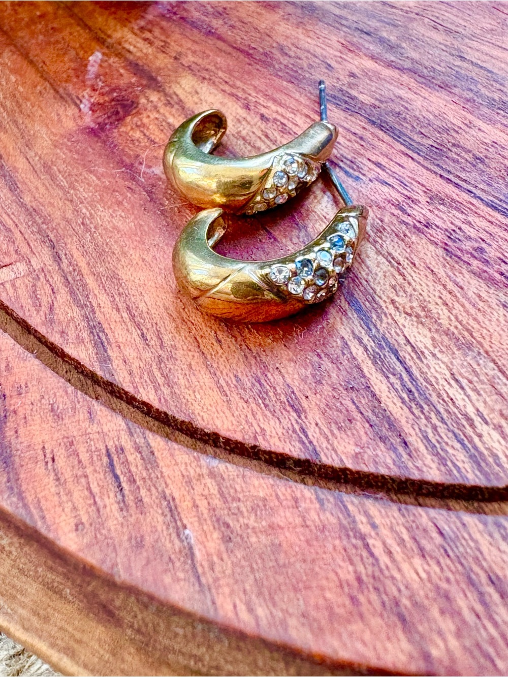 Vintage Krementz Gold-Tone Crystal Accent Half-Hoop Earrings